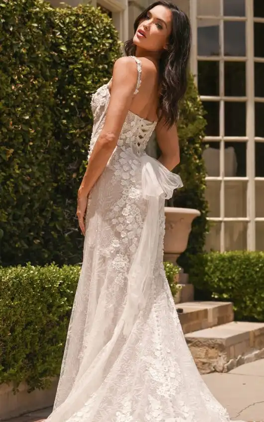 Floral Lace Fit-and-Flare Wedding Dress with Spaghetti Straps, 1699, by Martina Liana