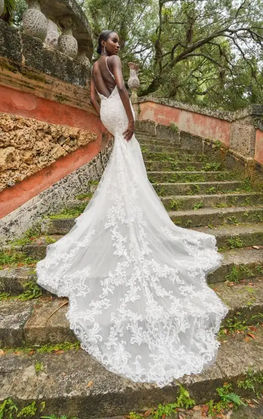 Sexy Spaghetti Strap Fit-and-Flare Wedding Dress in Embellished Lace, 1713, by Martina Liana