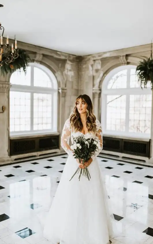 Lace A-Line Wedding Dress with Sweetheart Neckline and Long Sleeves, 7546, by Stella York