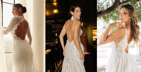 Three brides wearing backless wedding dresses