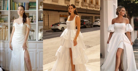 Three brides wearing wedding dresses with overskirts