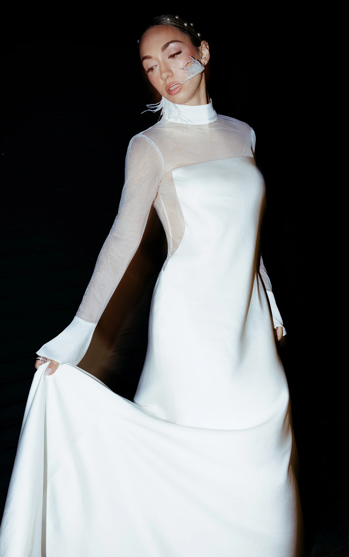 clay Crepe Column Wedding Dress with Illusion Sleeves and High Neckline by All Who Wander