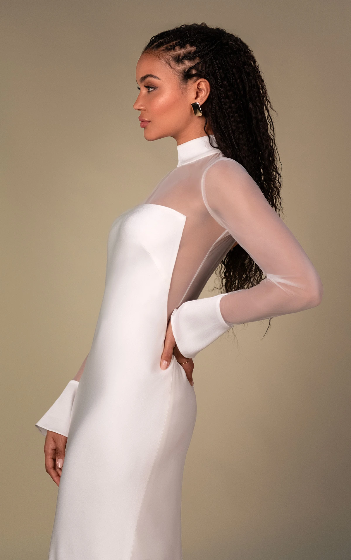 clay Crepe Column Wedding Dress with Illusion Sleeves and High Neckline by All Who Wander