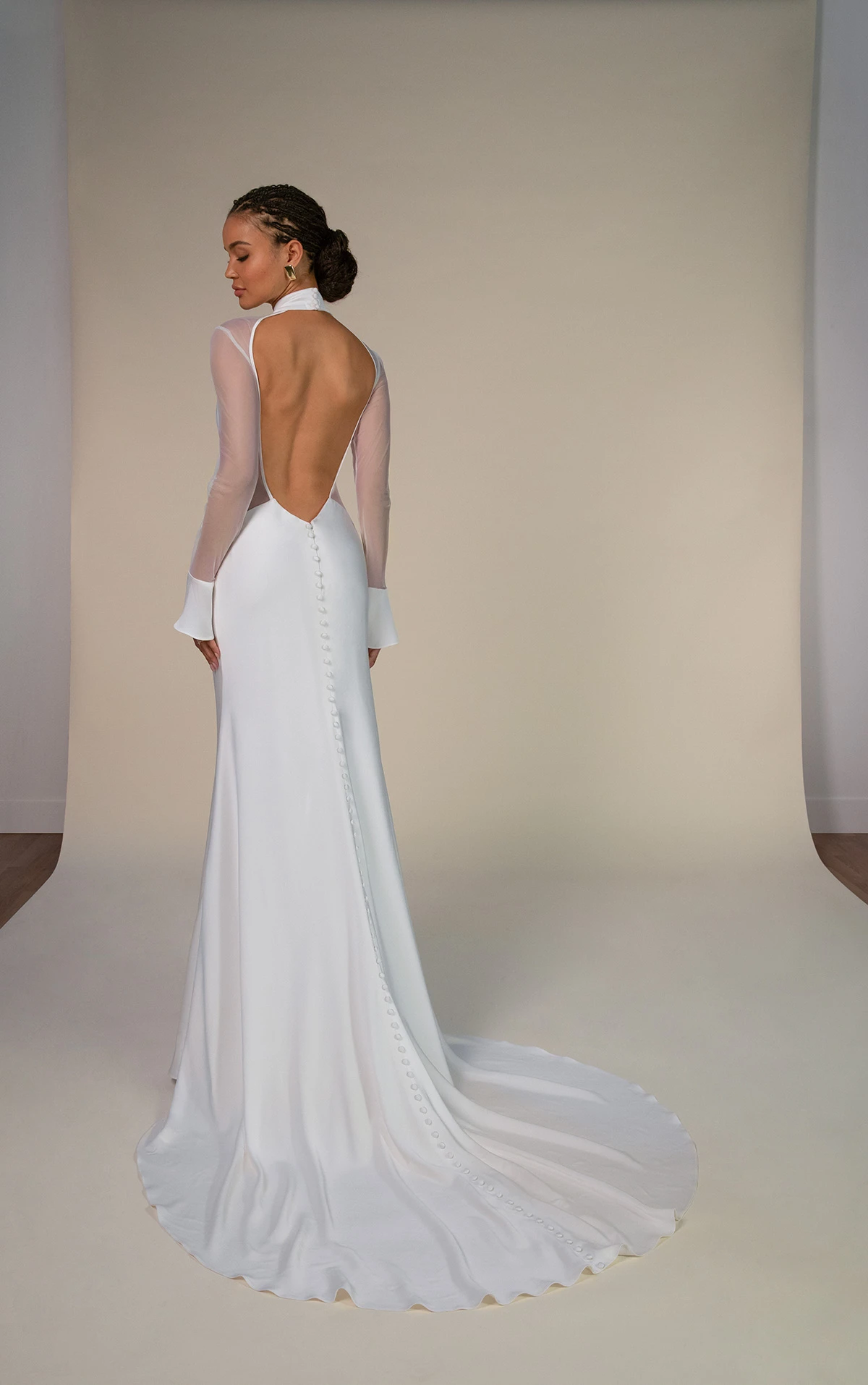 clay Crepe Column Wedding Dress with Illusion Sleeves and High Neckline by All Who Wander