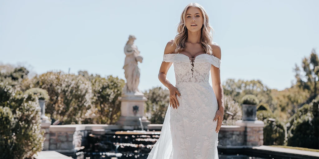 sexy lace mermaid wedding dress with off the shoulder straps - D3639 by Essense of Australia