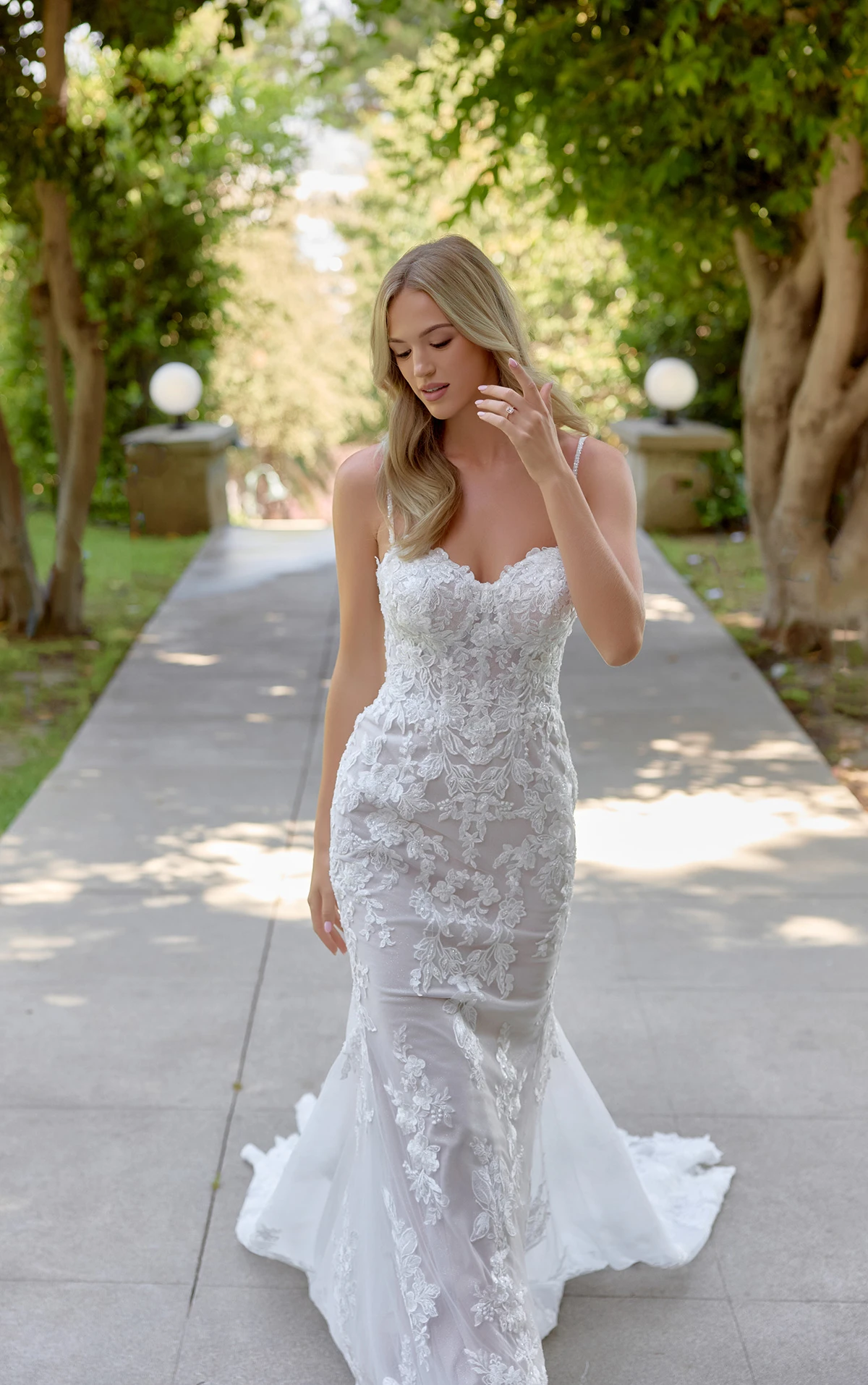 d4344 Lace Fit-and-Flare Wedding Dress with Beaded Spaghetti Straps by Essense of Australia