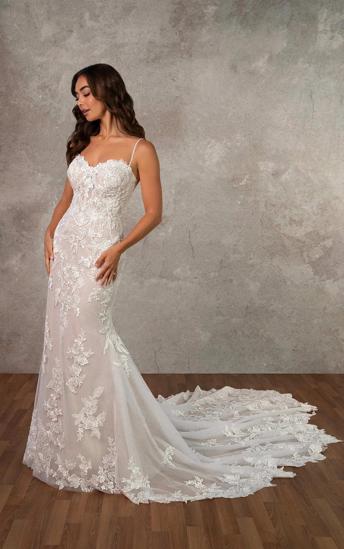 d4344 Lace Fit-and-Flare Wedding Dress with Beaded Spaghetti Straps by Essense of Australia