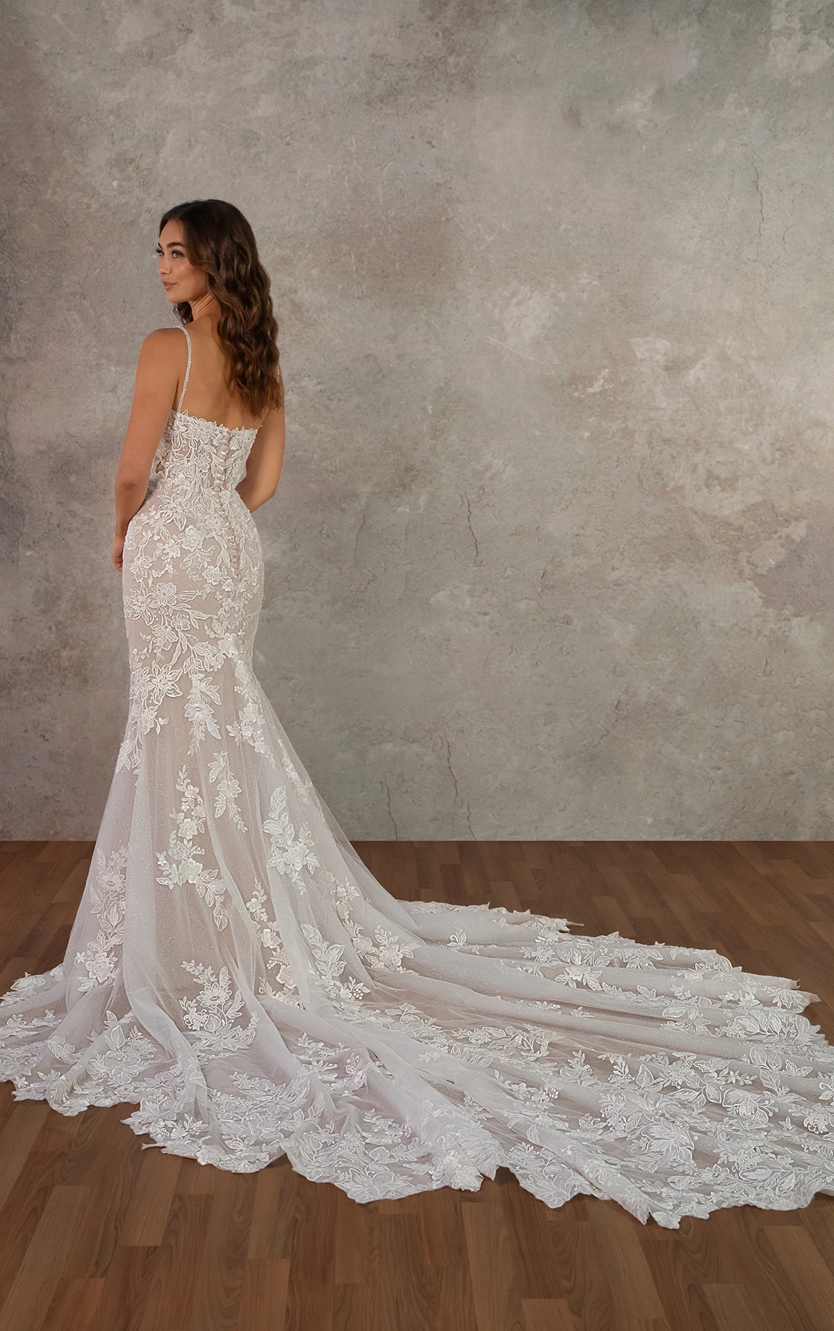 d4344 Lace Fit-and-Flare Wedding Dress with Beaded Spaghetti Straps by Essense of Australia