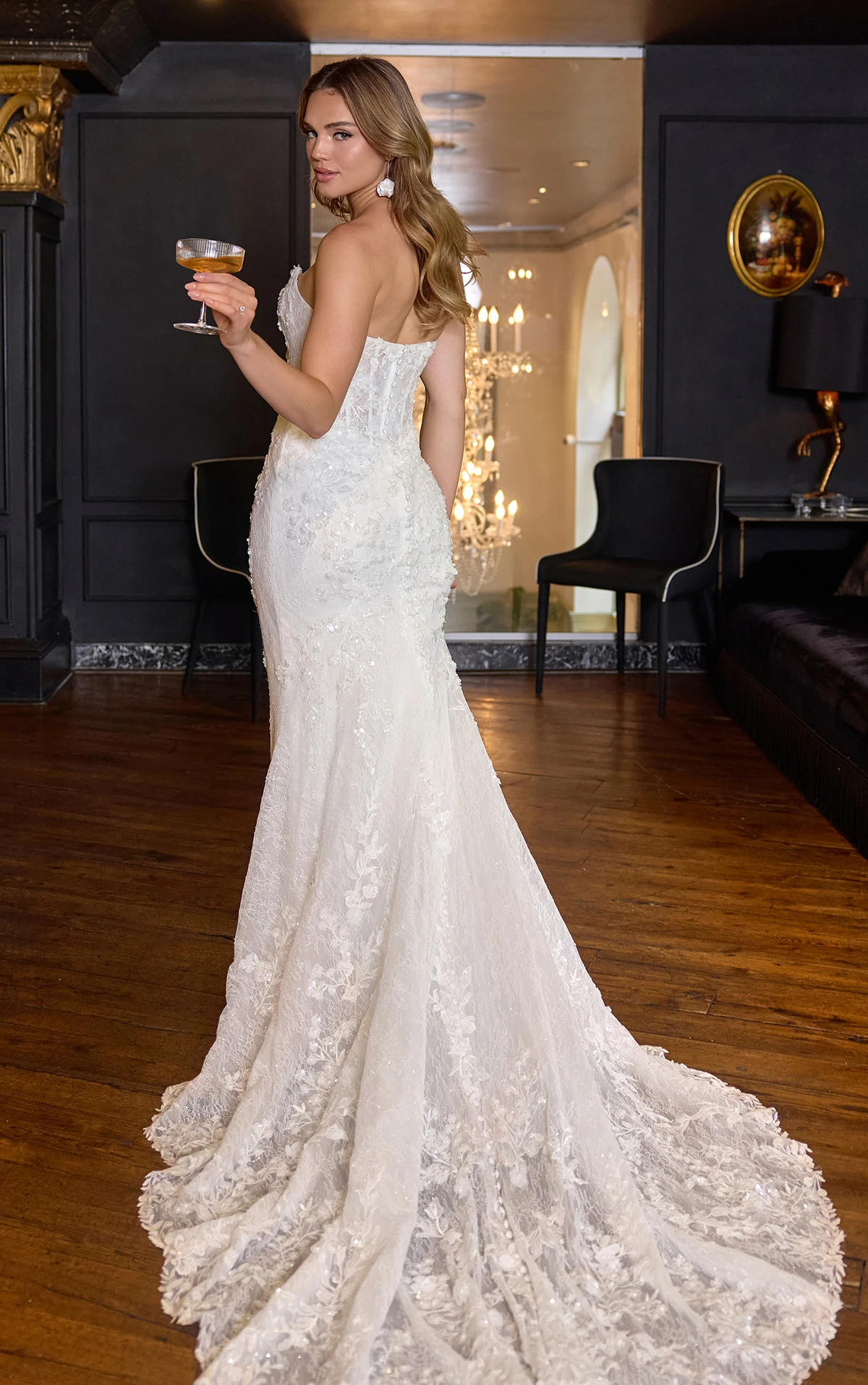 d4368 Strapless Beaded Lace Fit-and-Flare Wedding Dress with 3D Appliqués by Essense of Australia