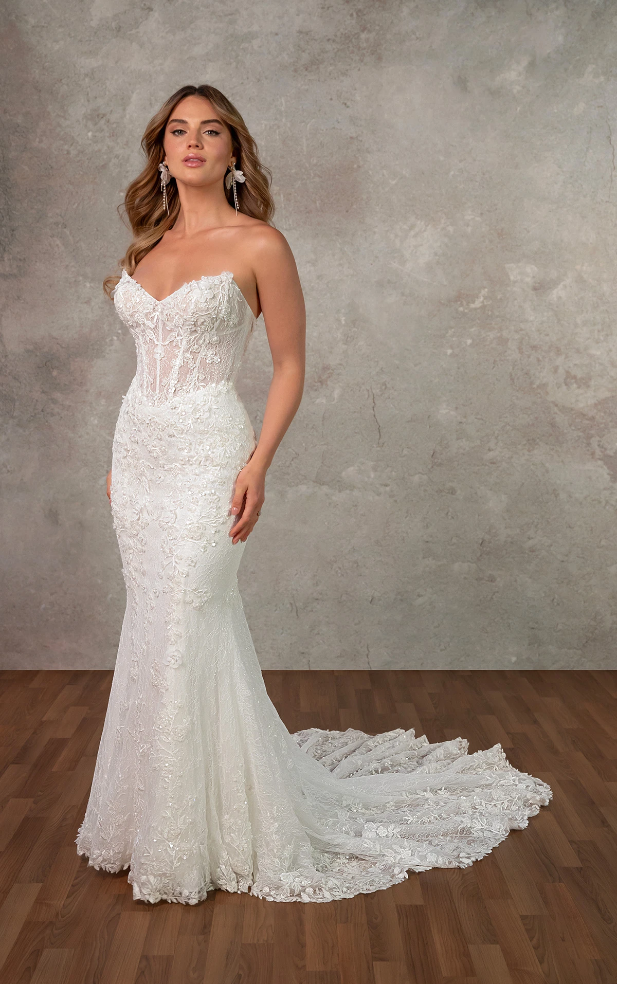 d4368 Strapless Beaded Lace Fit-and-Flare Wedding Dress with 3D Appliqués by Essense of Australia