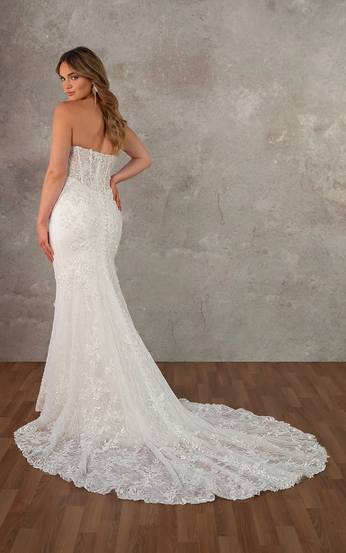 d4368 Strapless Beaded Lace Fit-and-Flare Wedding Dress with 3D Appliqués by Essense of Australia