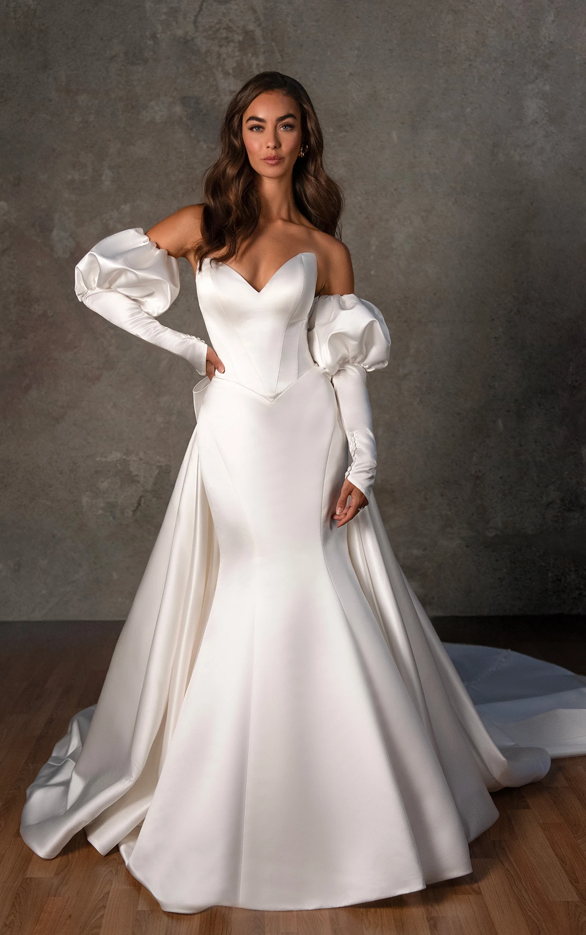 d4369 Strapless Grand Satin Fit-and-Flare Wedding Dress with Bow Back by Essense of Australia