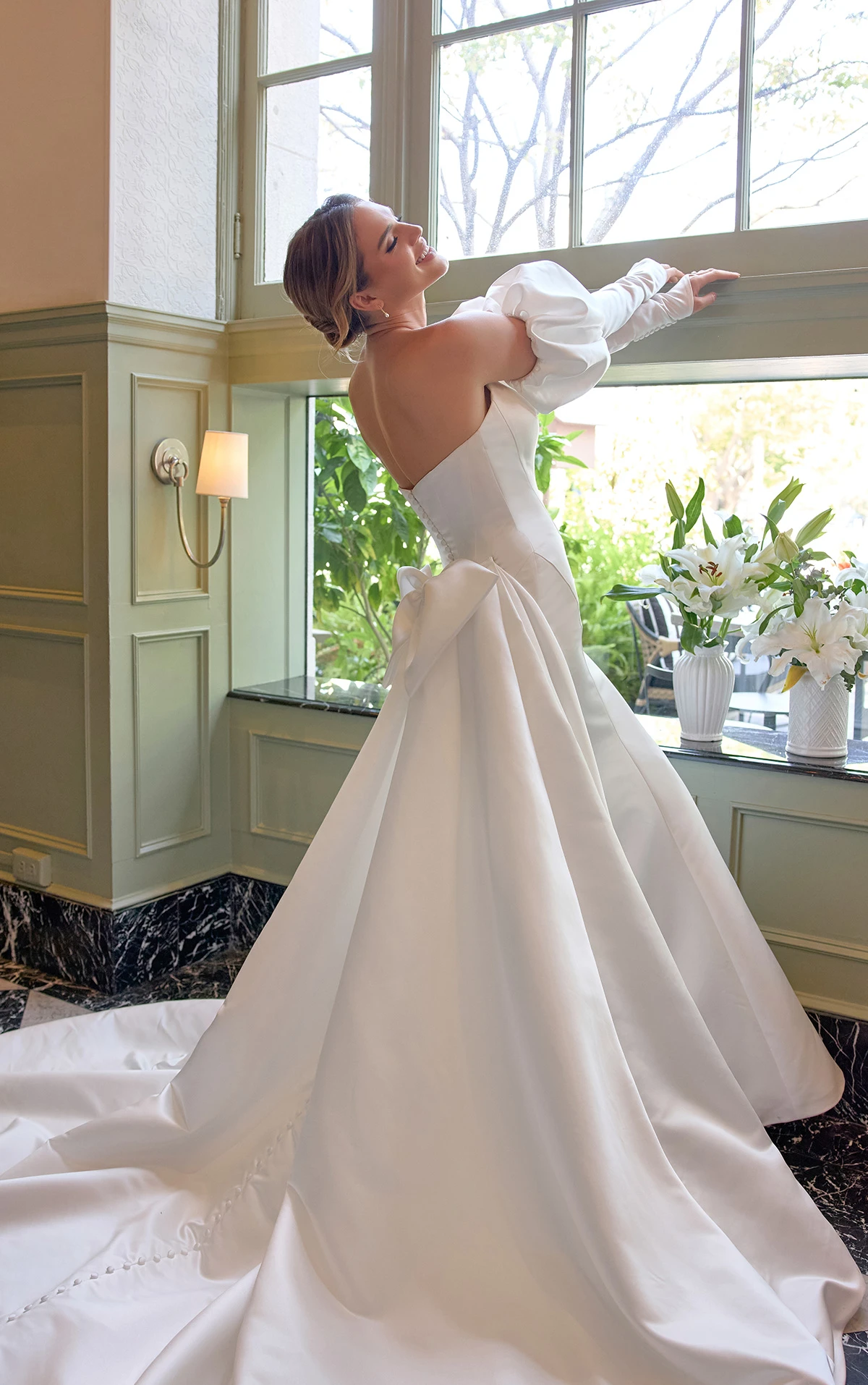 d4369 Strapless Grand Satin Fit-and-Flare Wedding Dress with Bow Back by Essense of Australia