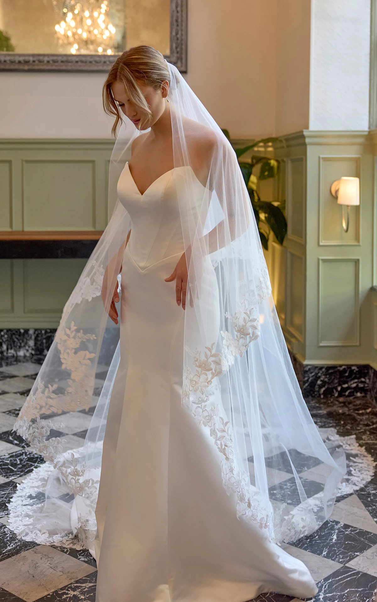 d4369 Strapless Grand Satin Fit-and-Flare Wedding Dress with Bow Back by Essense of Australia