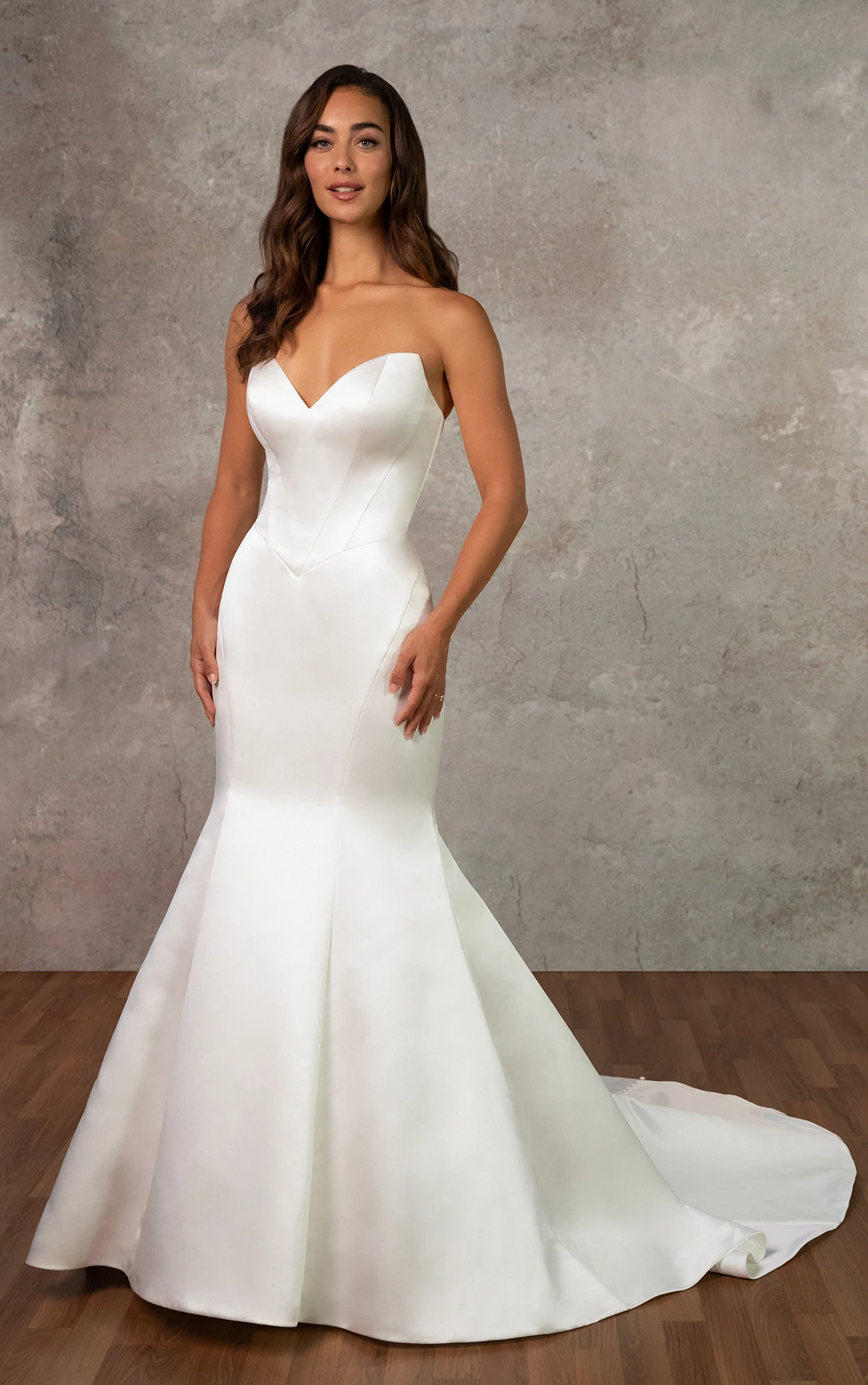 d4369 Strapless Grand Satin Fit-and-Flare Wedding Dress with Bow Back by Essense of Australia