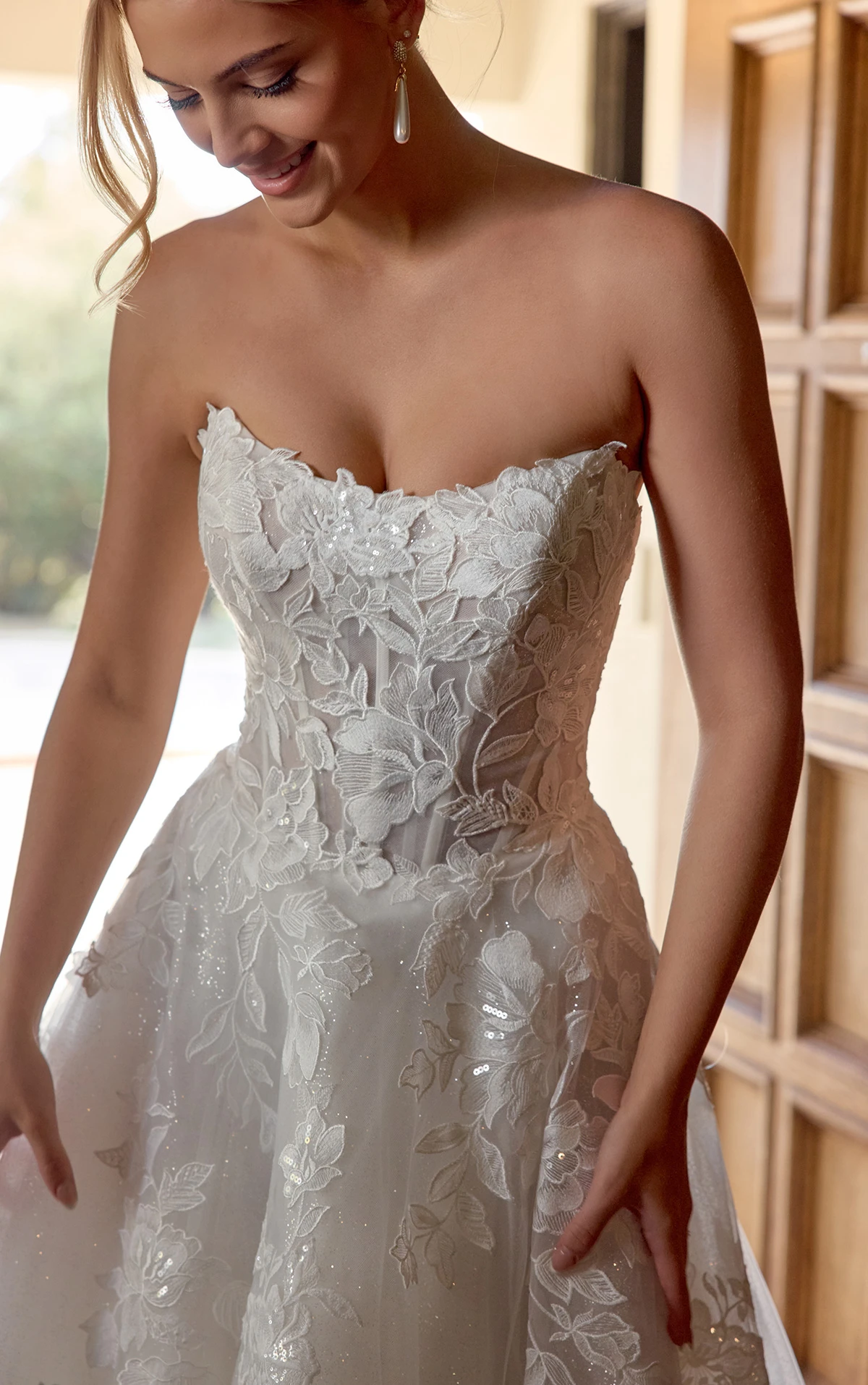 d4403 Strapless Leafy Lace Ballgown with Sweetheart Neckline by Essense of Australia