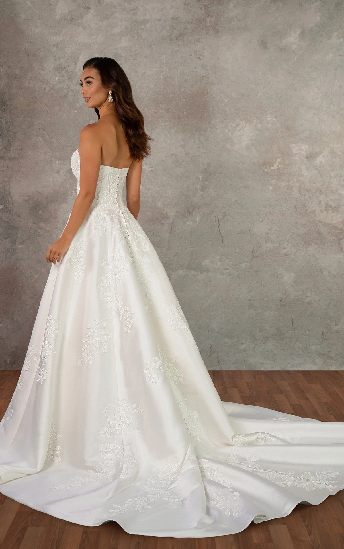 d4407 Strapless Mikado A-Line Wedding Dress with Floral Lace Appliqués by Essense of Australia
