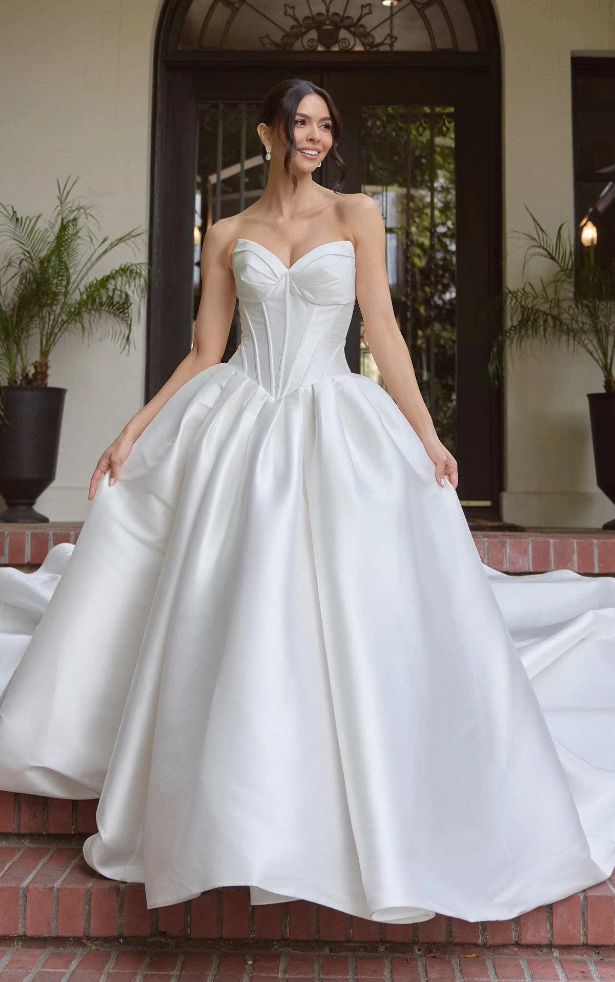 d4410 Strapless Mikado Ballgown with Cat Eye Neckline and Drop Waist by Essense of Australia