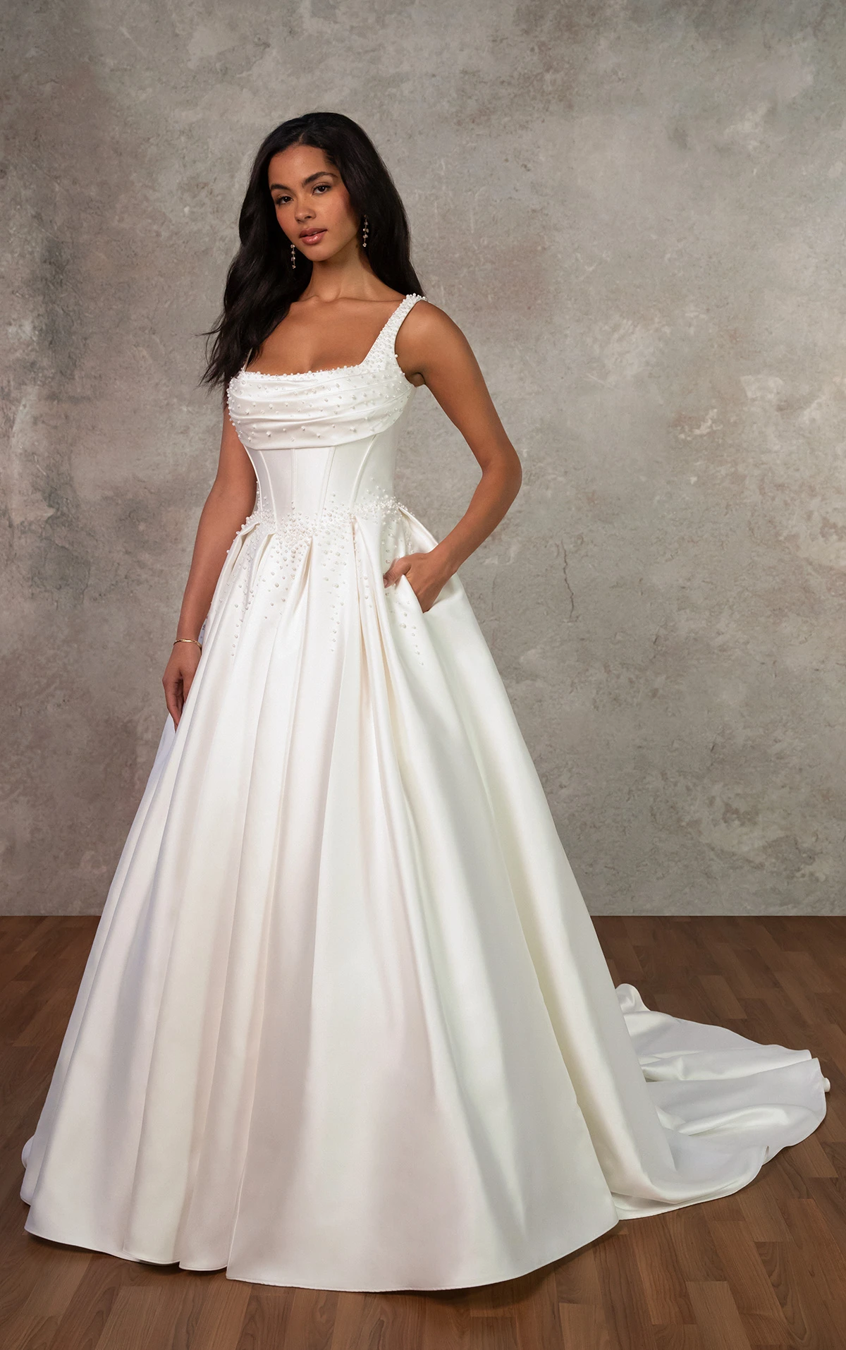 d4418 Mikado Ballgown with Draped Neckline and Cascading Pearl Detail by Essense of Australia