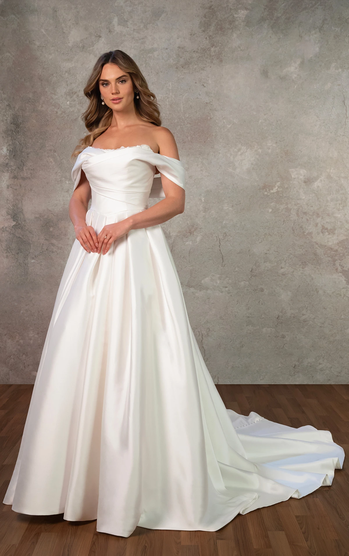 d4427 Off-the-Shoulder Mikado Ballgown with Draped Lace Bodice by Essense of Australia