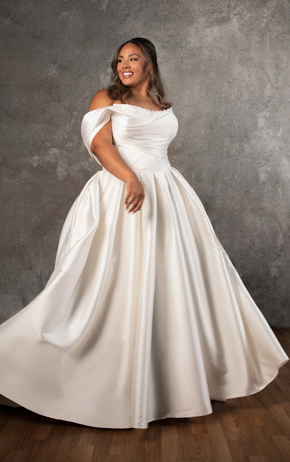 d4427 Off-the-Shoulder Mikado Ballgown with Draped Lace Bodice by Essense of Australia