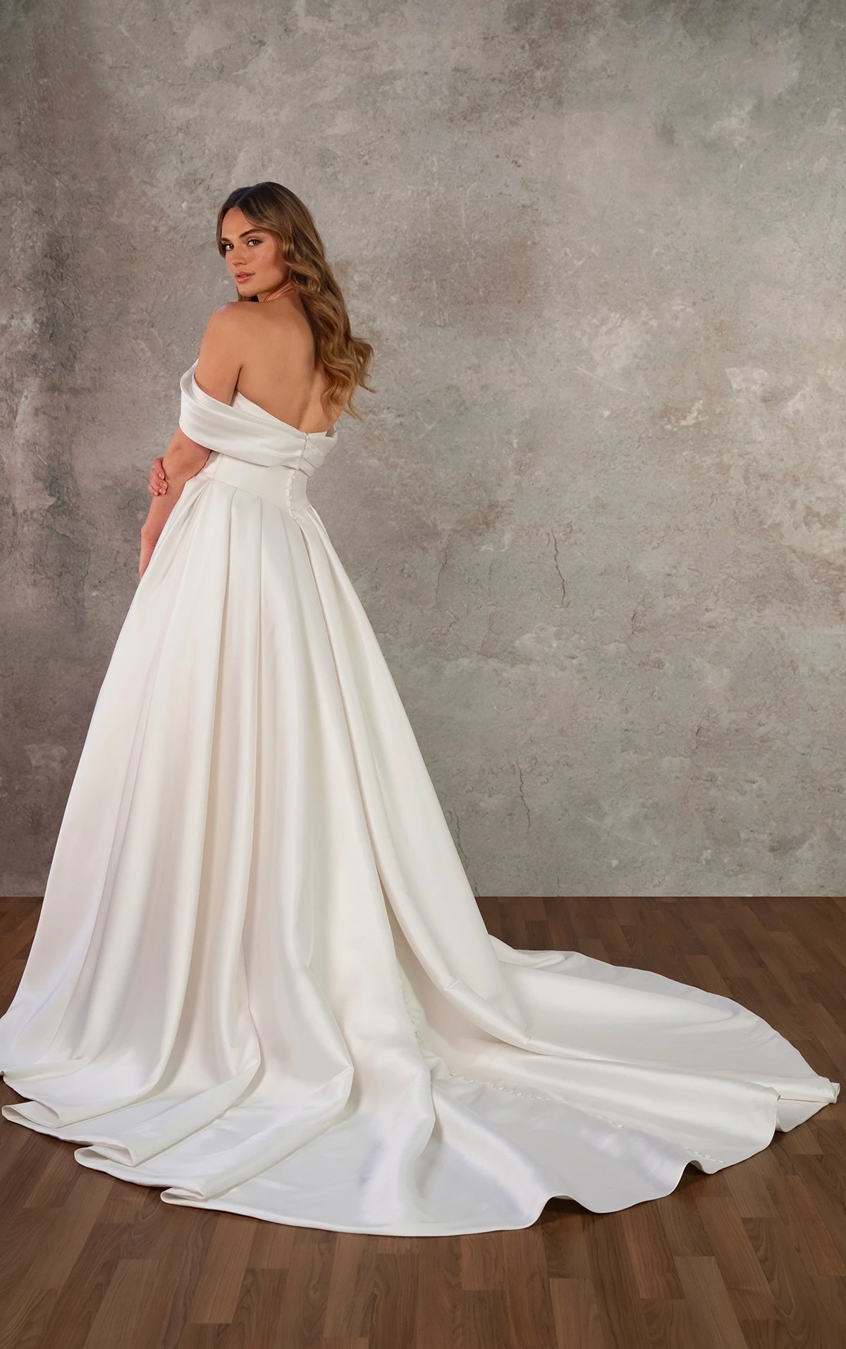 d4427 Off-the-Shoulder Mikado Ballgown with Draped Lace Bodice by Essense of Australia