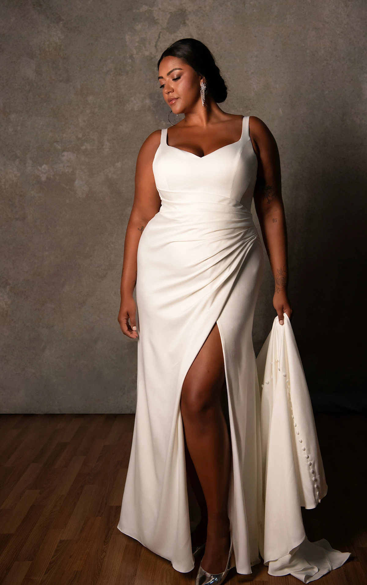 d4439+ Soft Satin Plus Size Column Gown with Pleated Bodice and Low V-Back by Essense of Australia