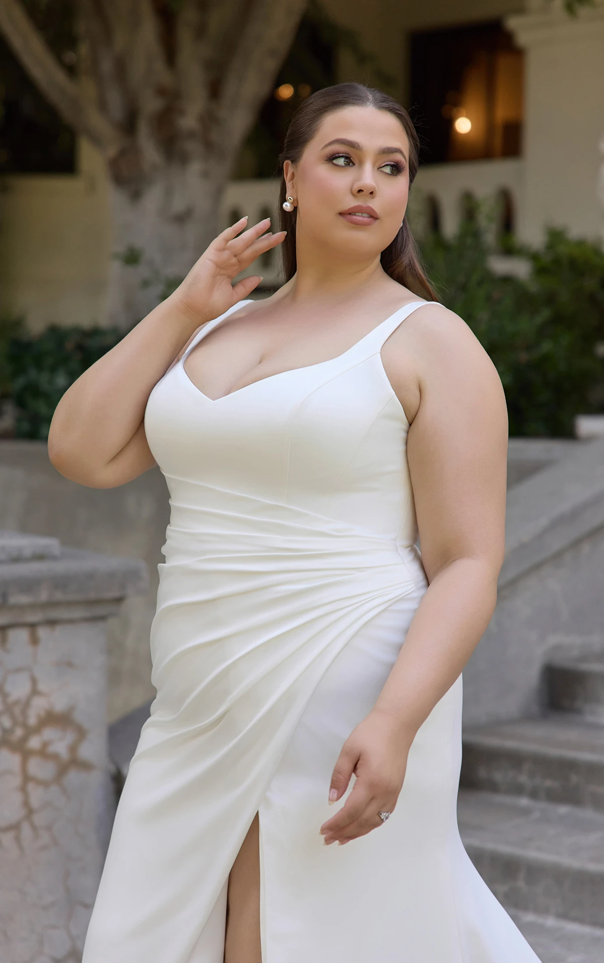 d4439+ Soft Satin Plus Size Column Gown with Pleated Bodice and Low V-Back by Essense of Australia