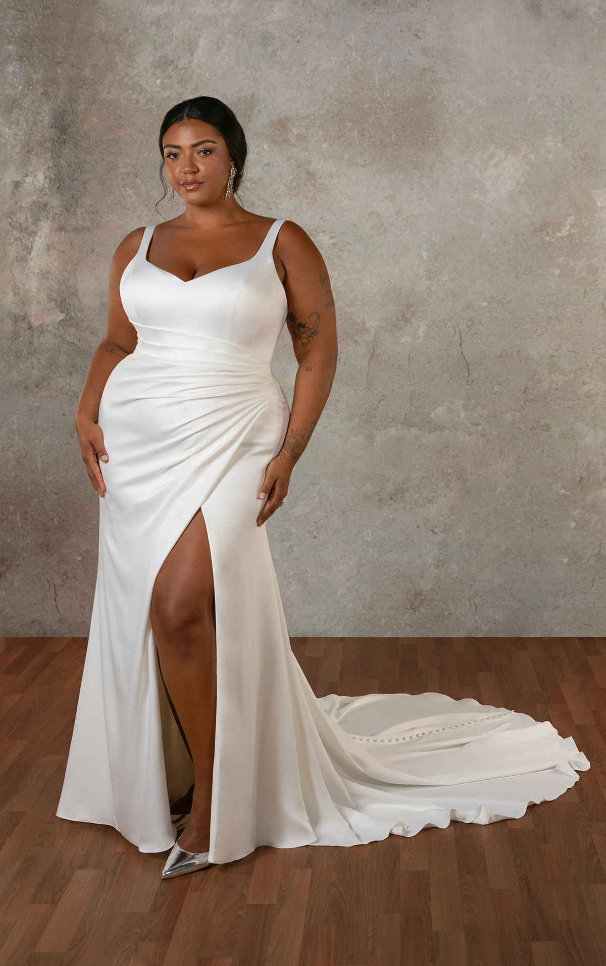 d4439+ Soft Satin Plus Size Column Gown with Pleated Bodice and Low V-Back by Essense of Australia