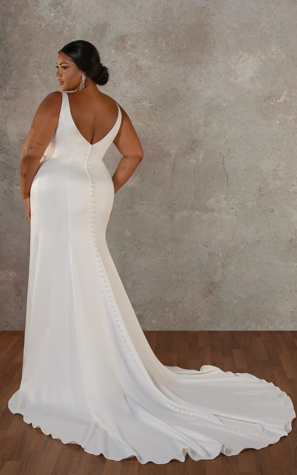 d4439+ Soft Satin Plus Size Column Gown with Pleated Bodice and Low V-Back by Essense of Australia
