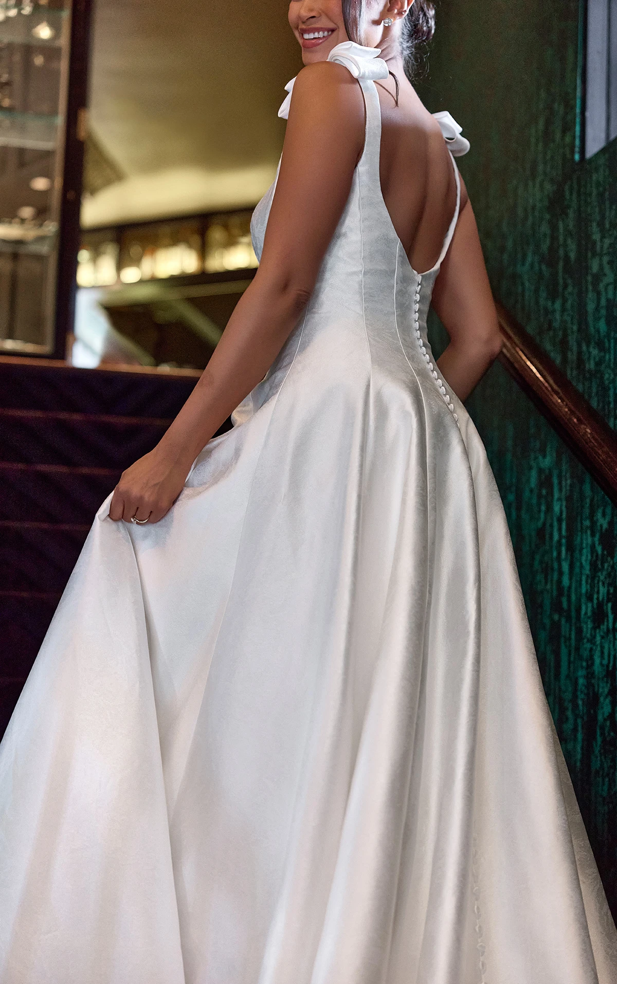 d4450 Satin Jacquard A-Line Wedding Dress with Shoulder Bows and Scoop Neckline by Essense of Australia