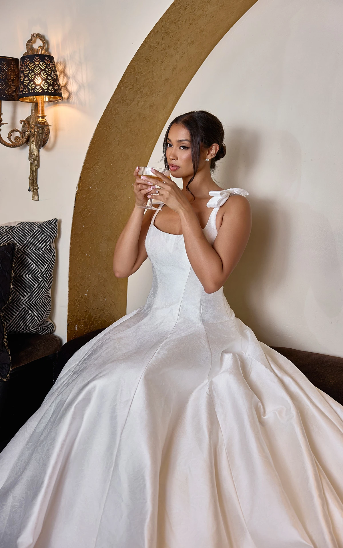 d4450 Satin Jacquard A-Line Wedding Dress with Shoulder Bows and Scoop Neckline by Essense of Australia
