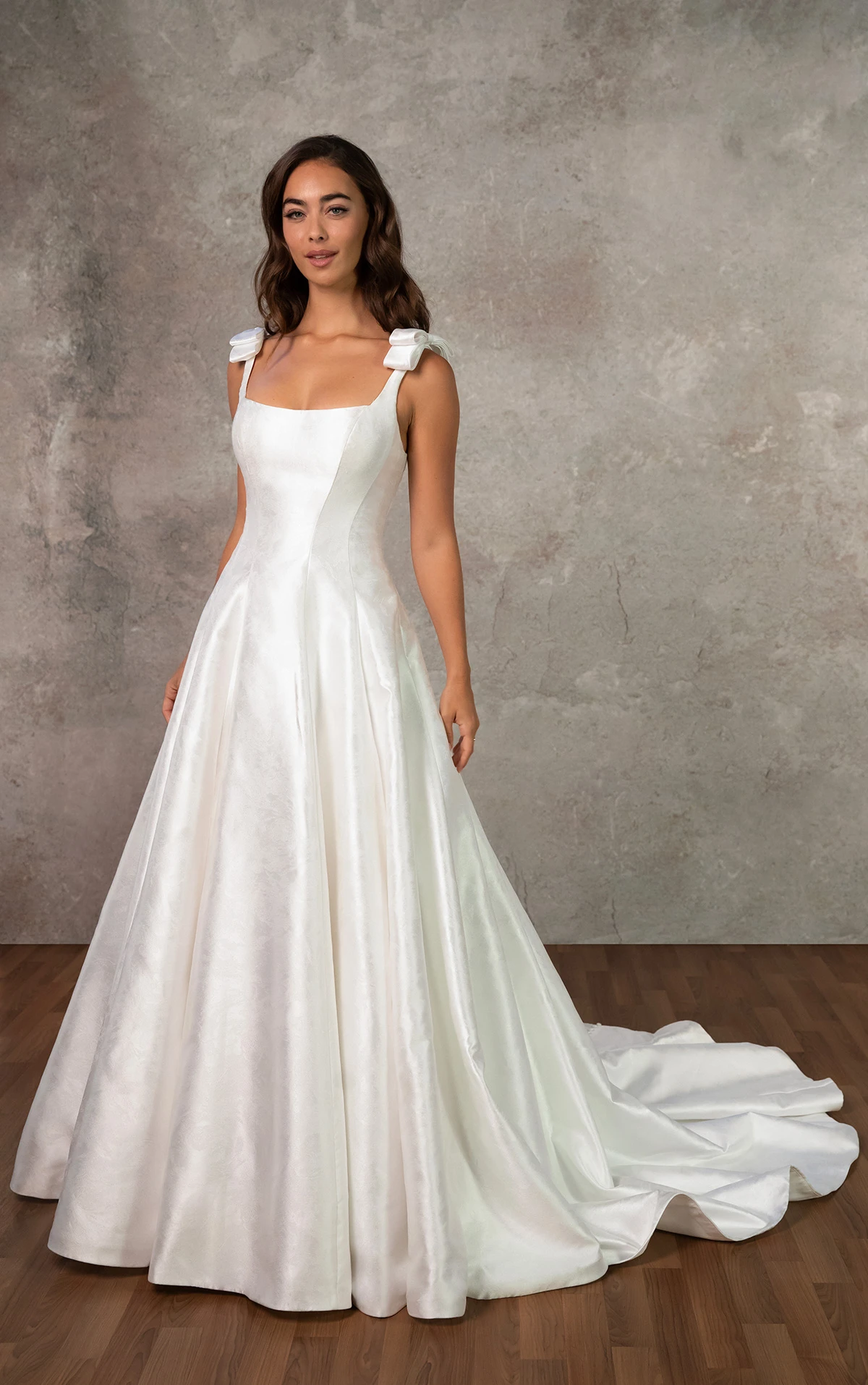 d4450 Satin Jacquard A-Line Wedding Dress with Shoulder Bows and Scoop Neckline by Essense of Australia