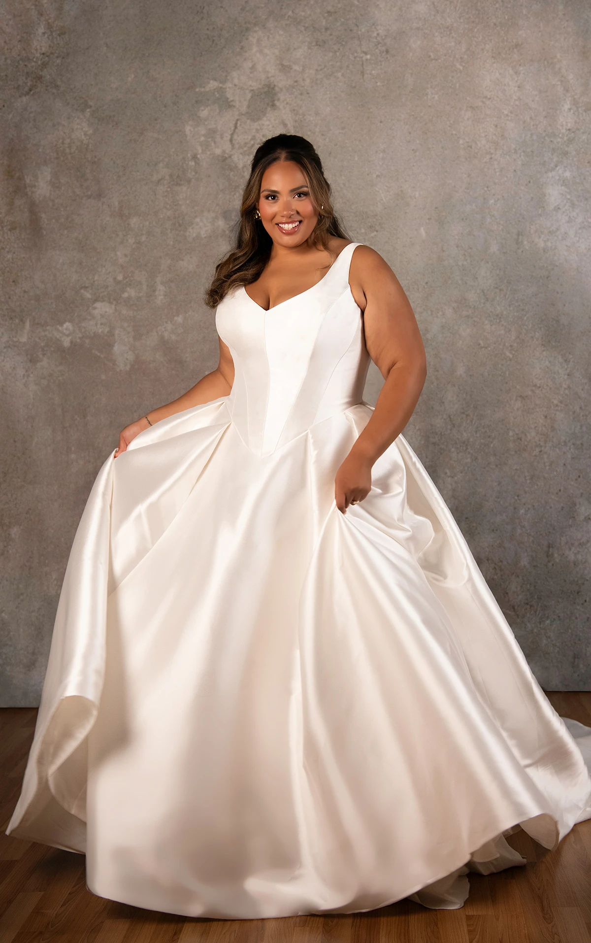 d4451+ Mikado PlusSize Ballgown with V-Neckline and Pleated Skirt by Essense of Australia