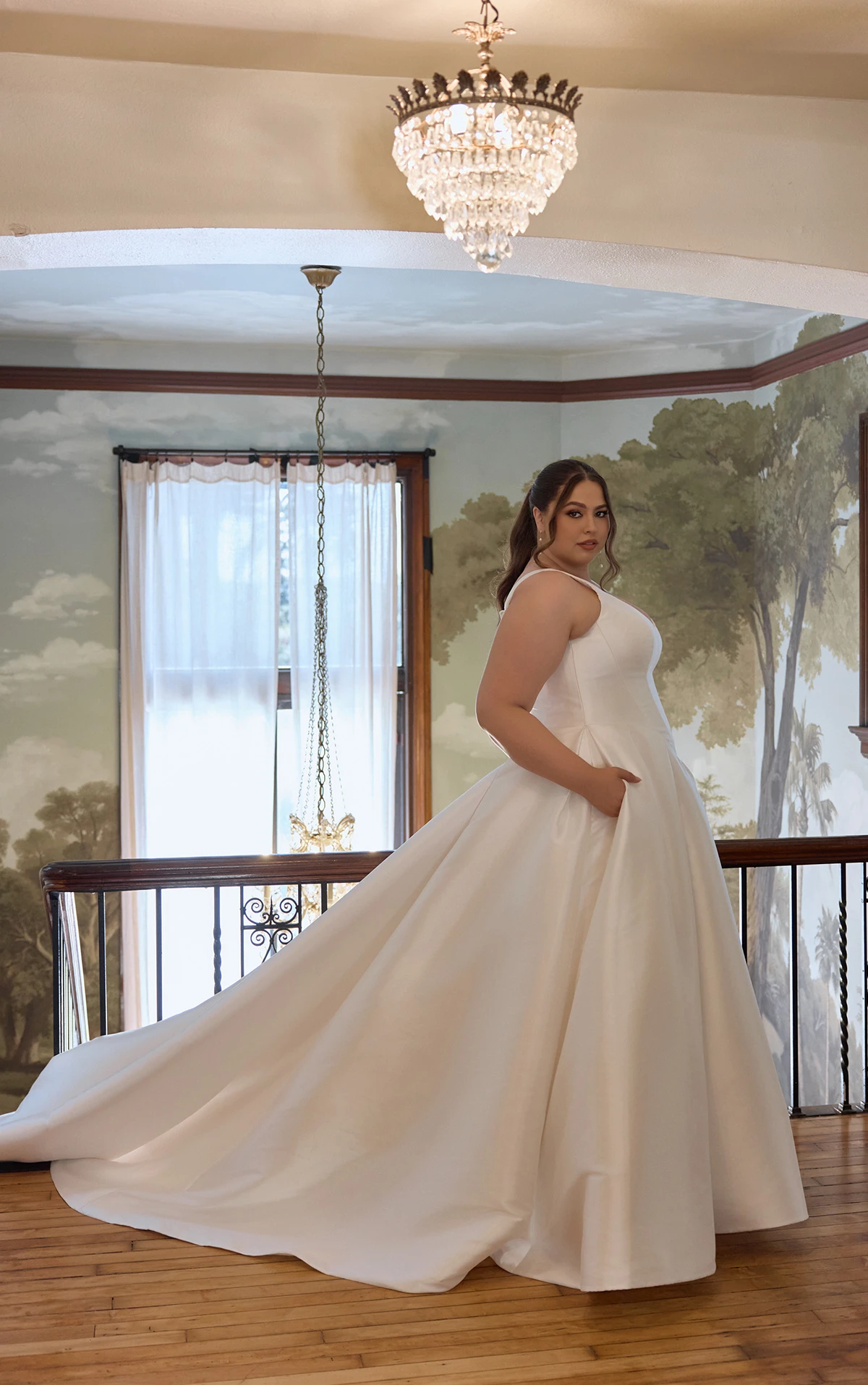 d4451+ Mikado PlusSize Ballgown with V-Neckline and Pleated Skirt by Essense of Australia