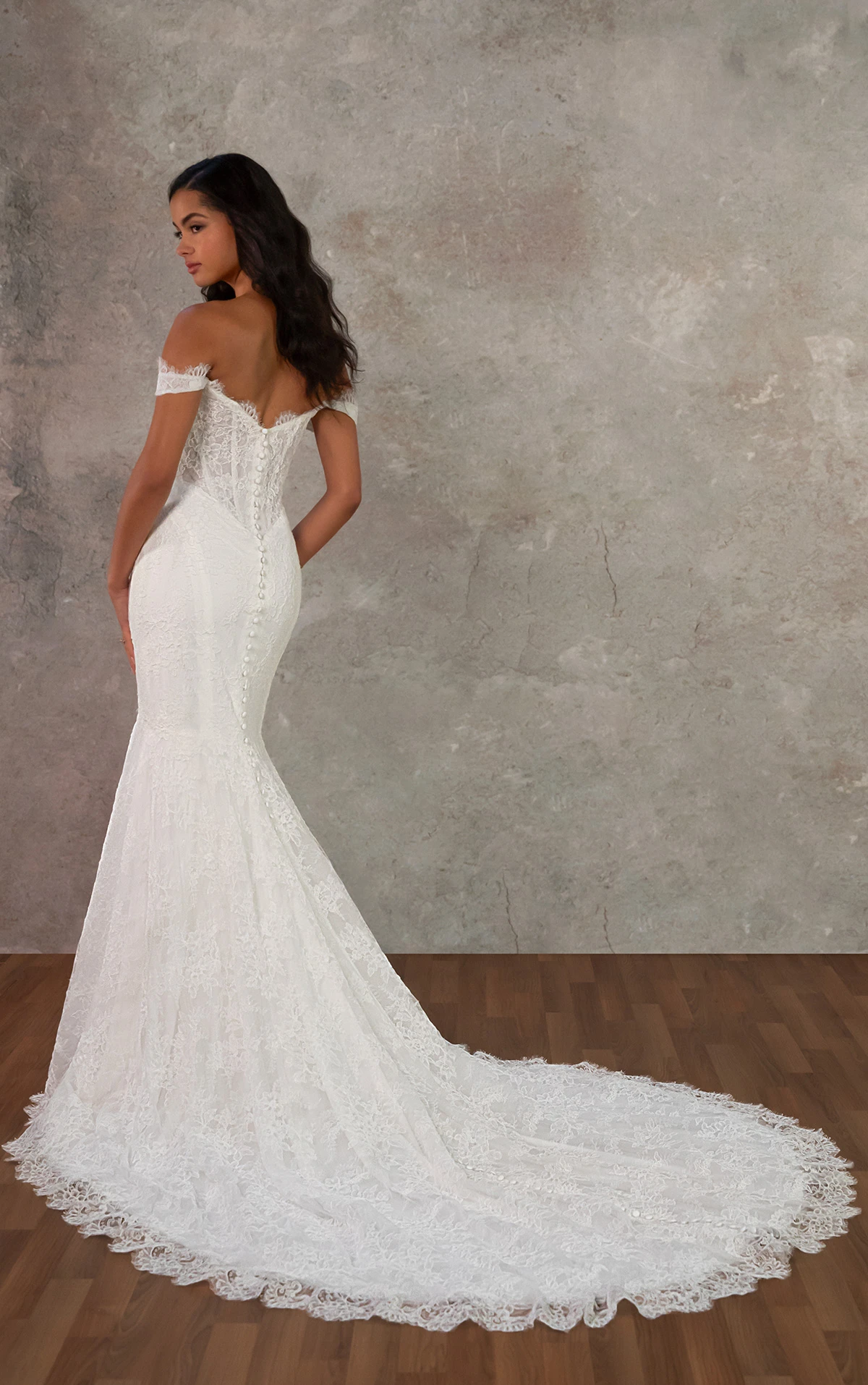 d4456 Fit-and-Flare Lace and Tulle Gown with Scalloped Neckline and V-Neck by Essense of Australia