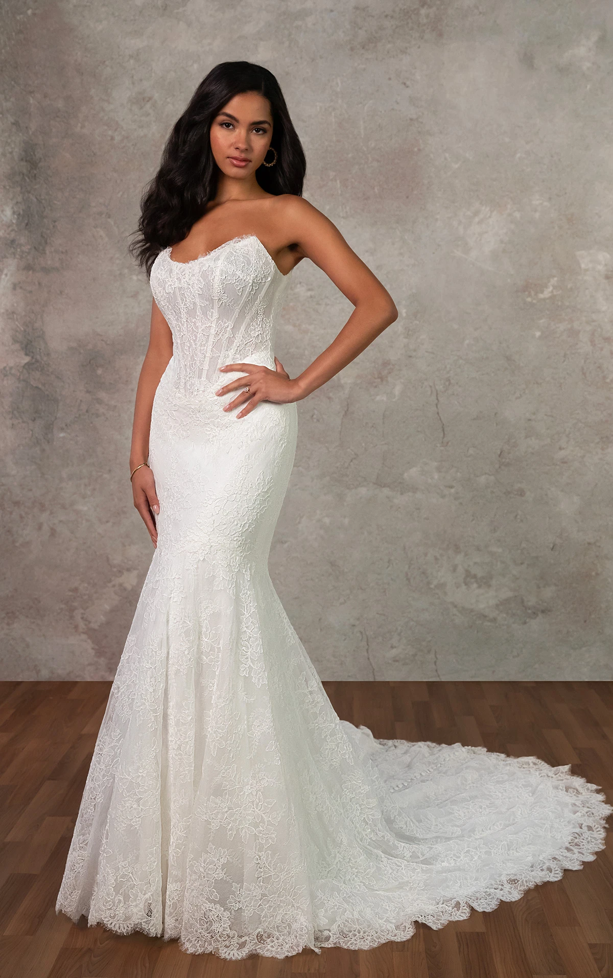 d4456 Fit-and-Flare Lace and Tulle Gown with Scalloped Neckline and V-Neck by Essense of Australia