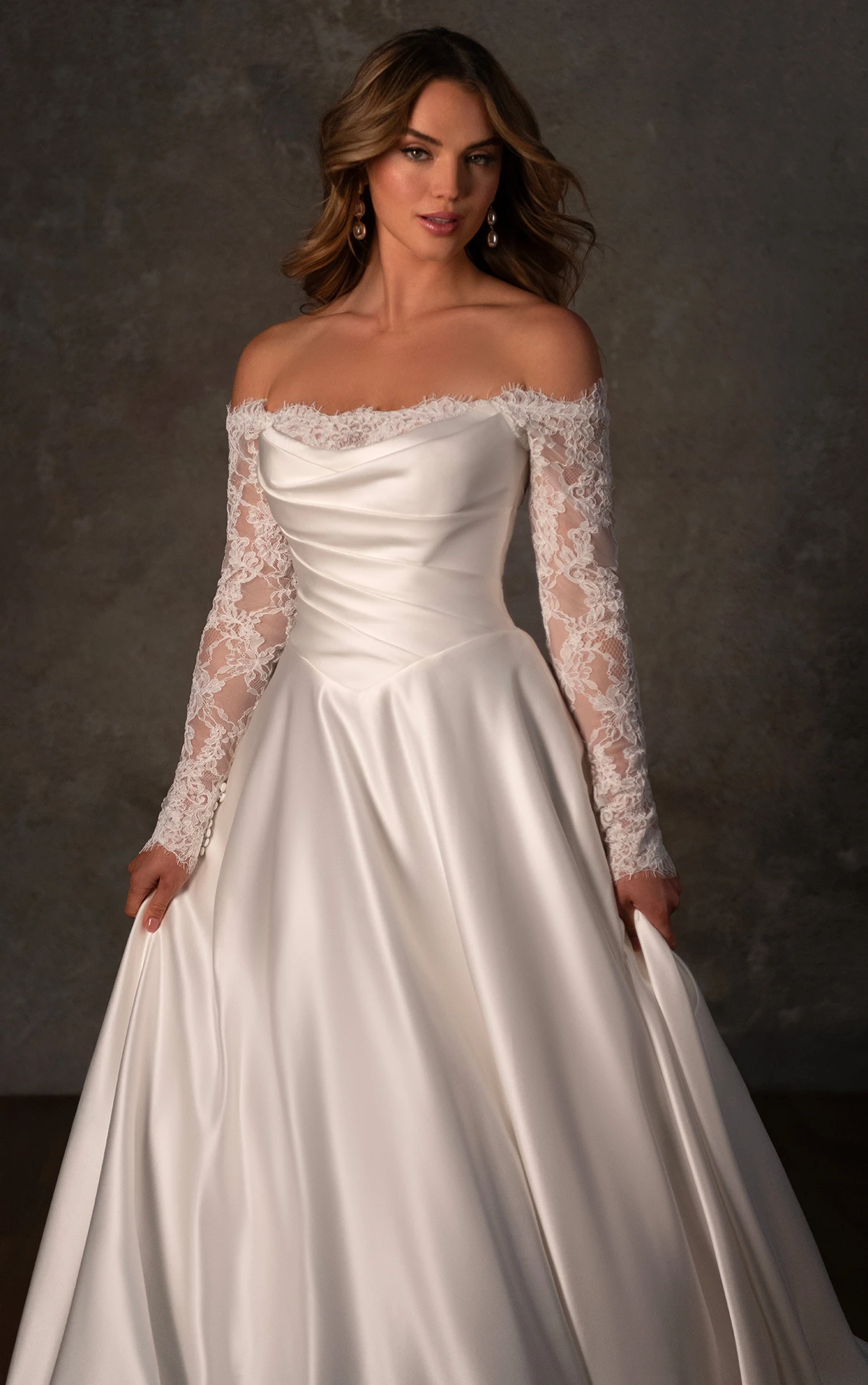 d4457 Layered Lace and Satin A-Line Gown with Wrapped Bodice by Essense of Australia