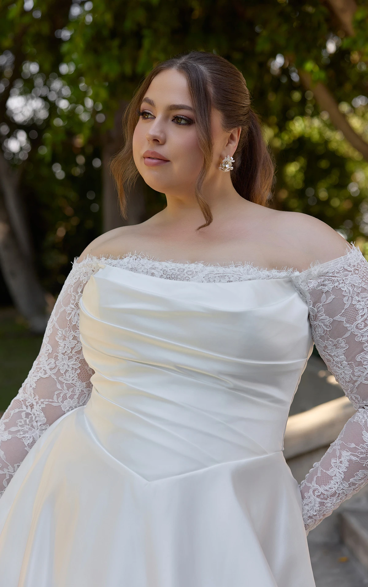 d4457 Layered Lace and Satin A-Line Gown with Wrapped Bodice by Essense of Australia