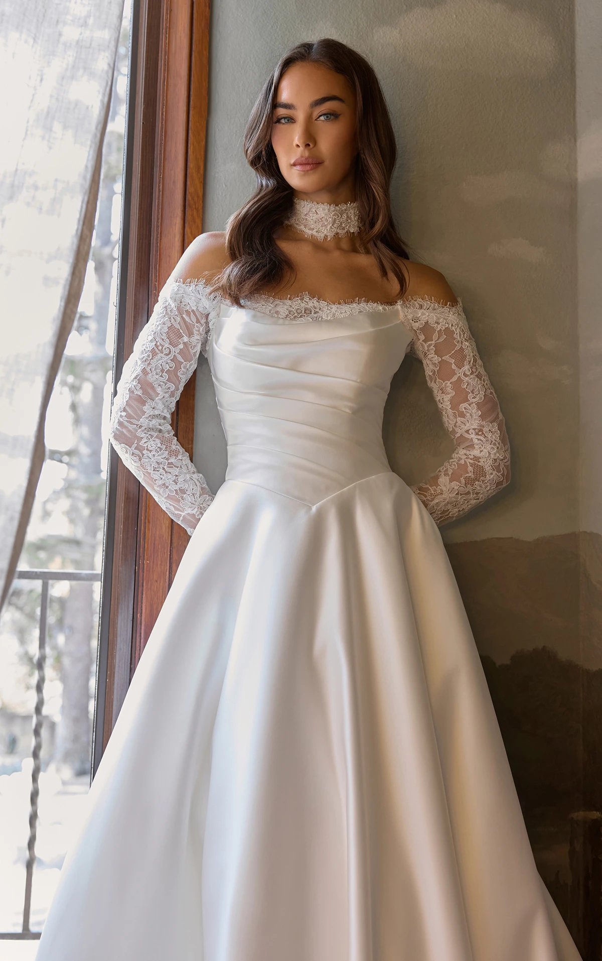 d4457 Layered Lace and Satin A-Line Gown with Wrapped Bodice by Essense of Australia