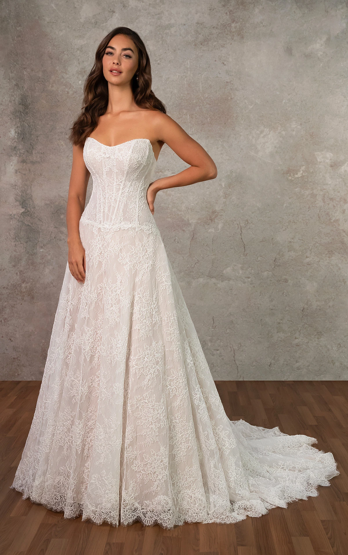 d4462 Strapless Chantilly Lace A-Line Gown with Drop Waist and Corset Bodice by Essense of Australia