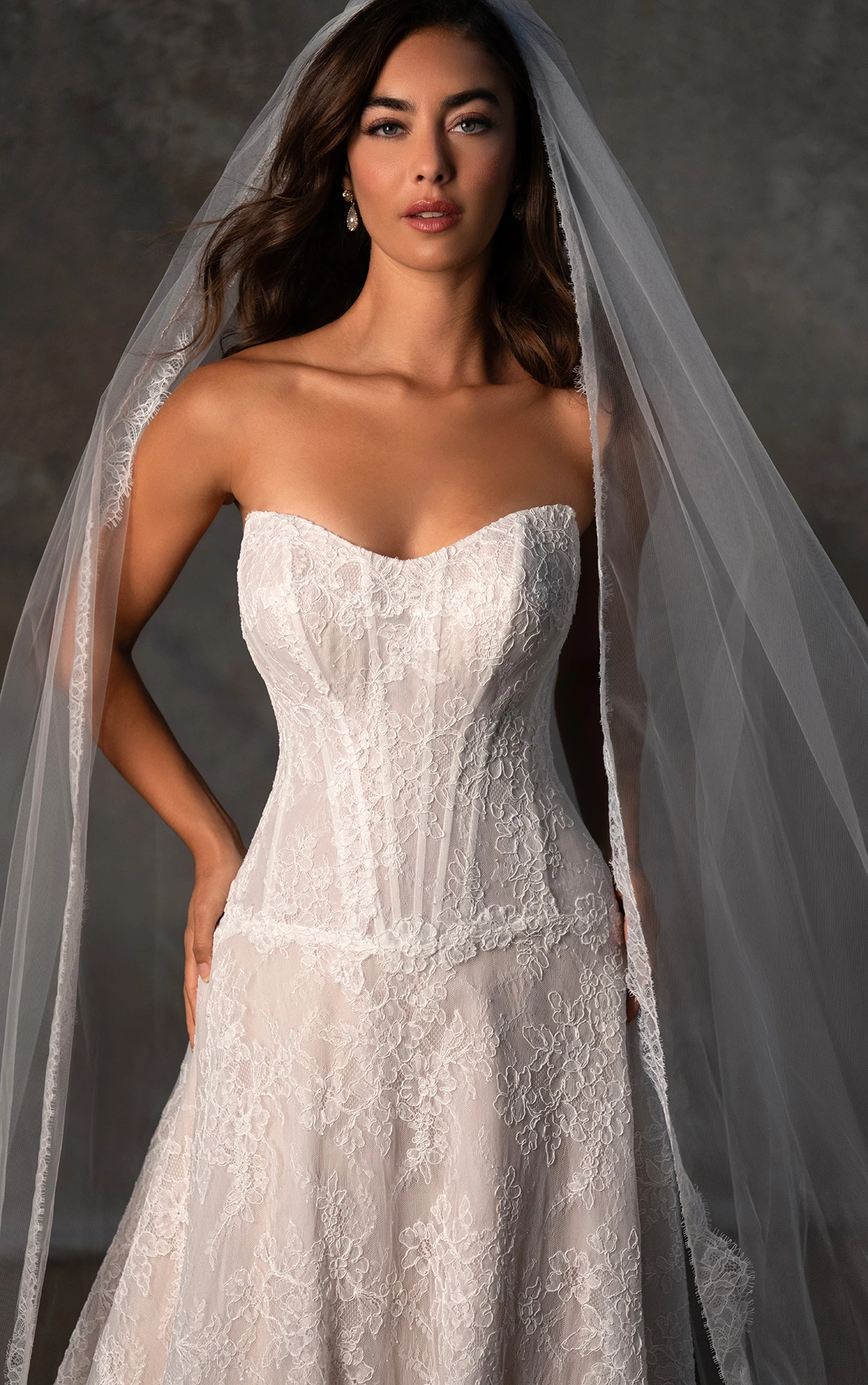 d4462 Strapless Chantilly Lace A-Line Gown with Drop Waist and Corset Bodice by Essense of Australia