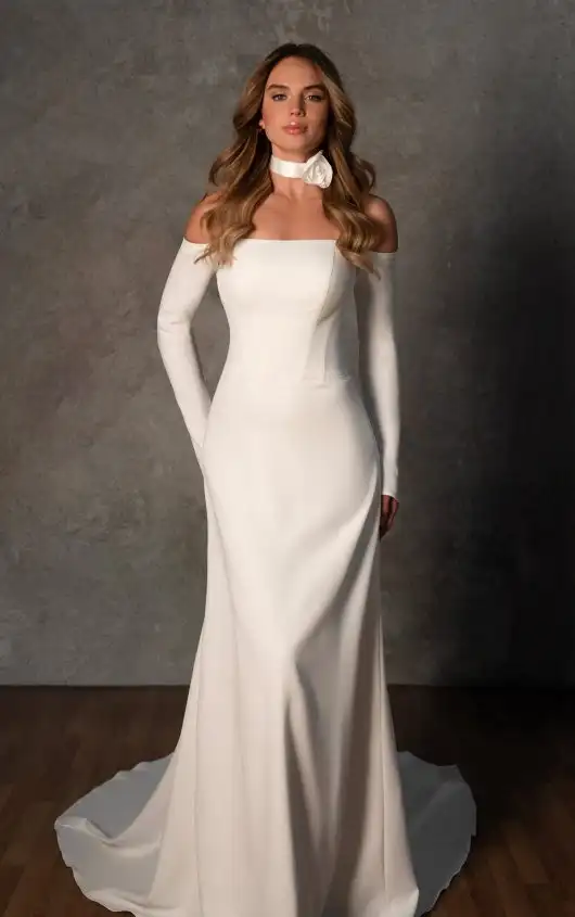 Long Sleeve Double Knit Sheath Gown with Straight Across Neckline, D4470, by Essense of Australia