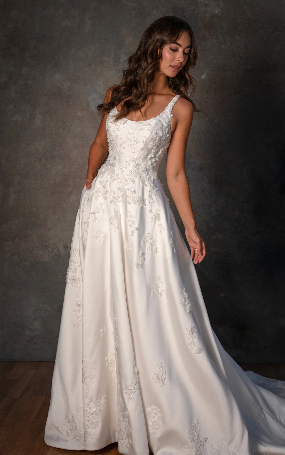 d4471 Scoop Neck Satin A-Line Wedding Dress with 3D Floral Lace Appliqués by Essense of Australia