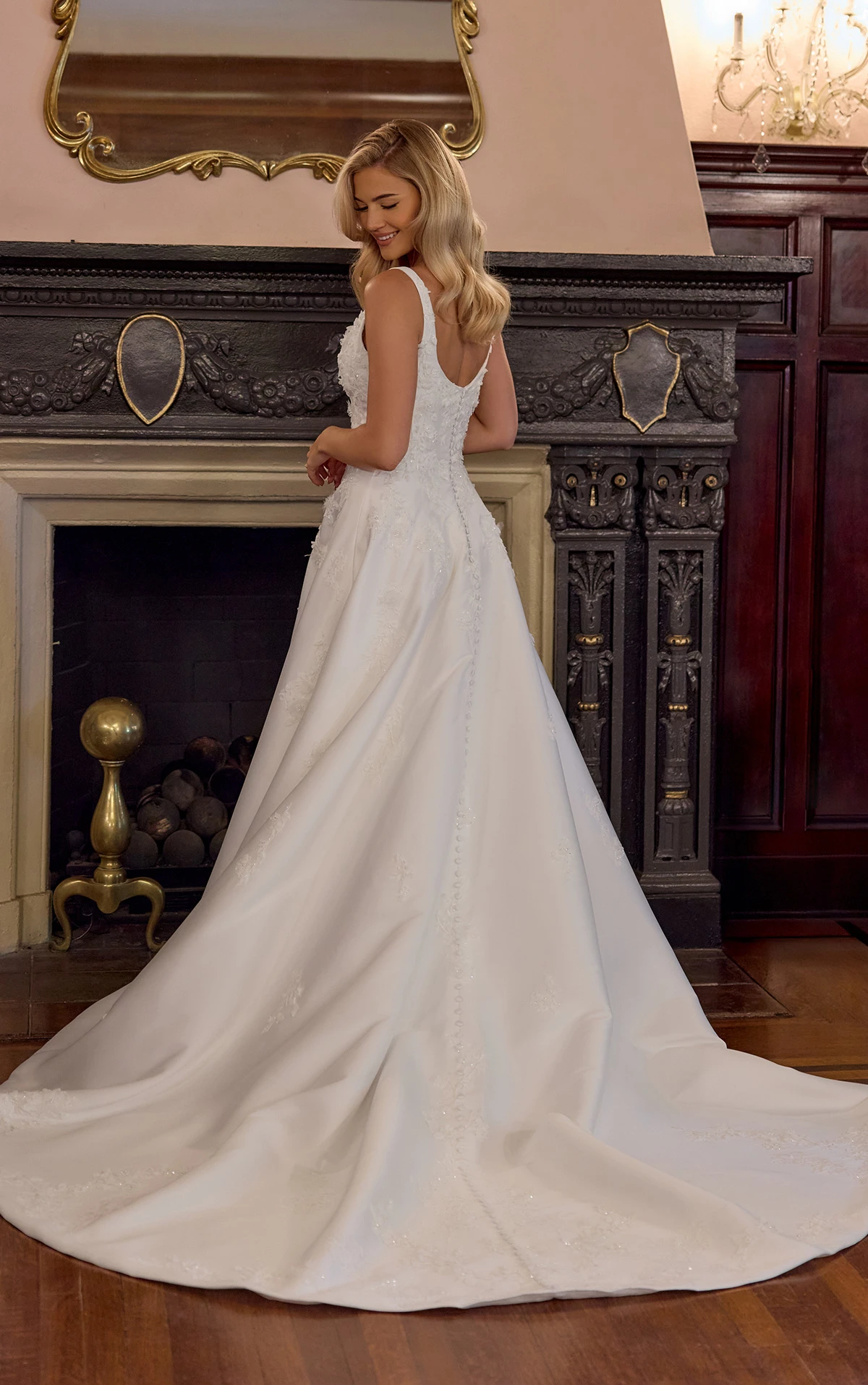 d4471 Scoop Neck Satin A-Line Wedding Dress with 3D Floral Lace Appliqués by Essense of Australia