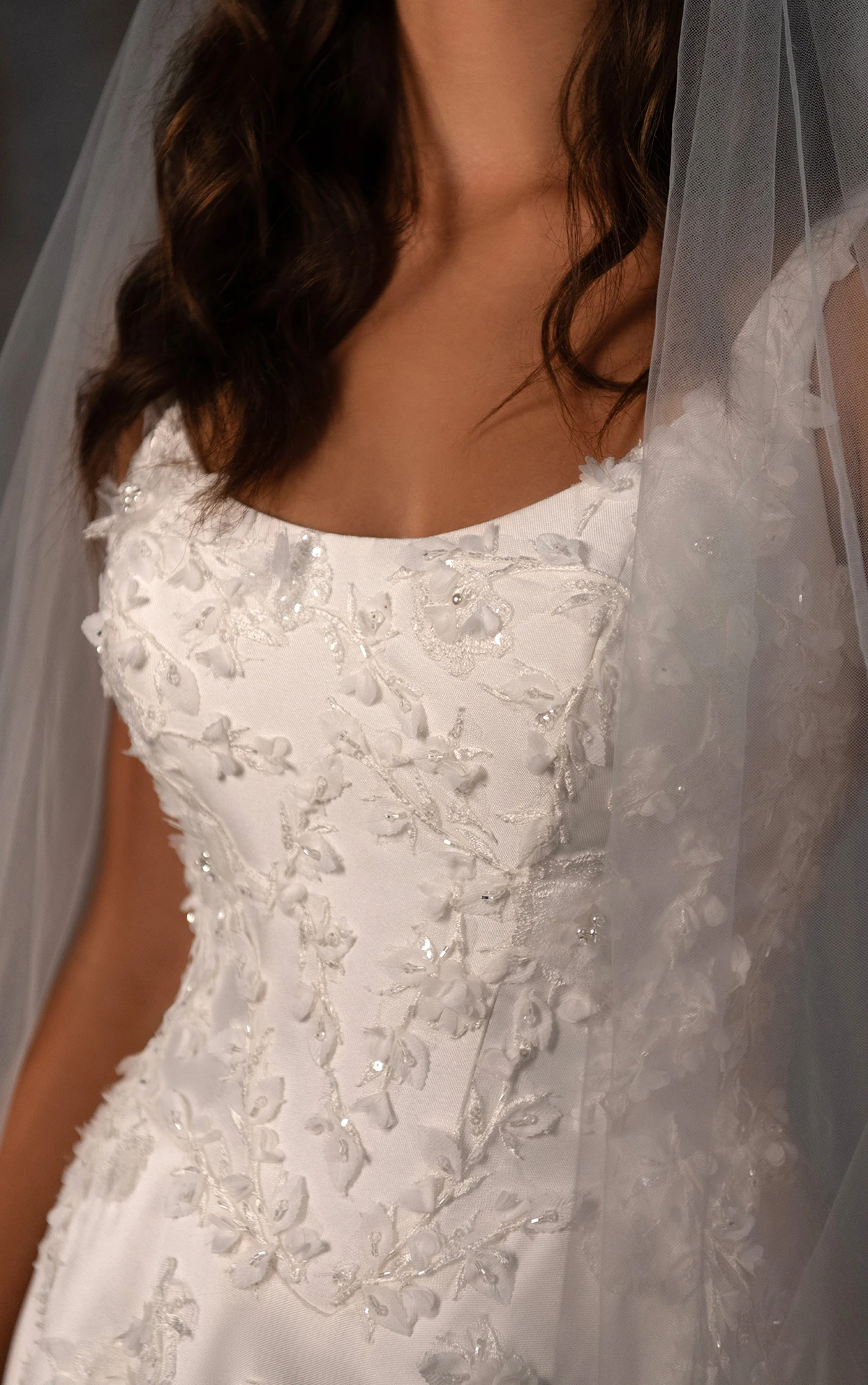 d4471 Scoop Neck Satin A-Line Wedding Dress with 3D Floral Lace Appliqués by Essense of Australia