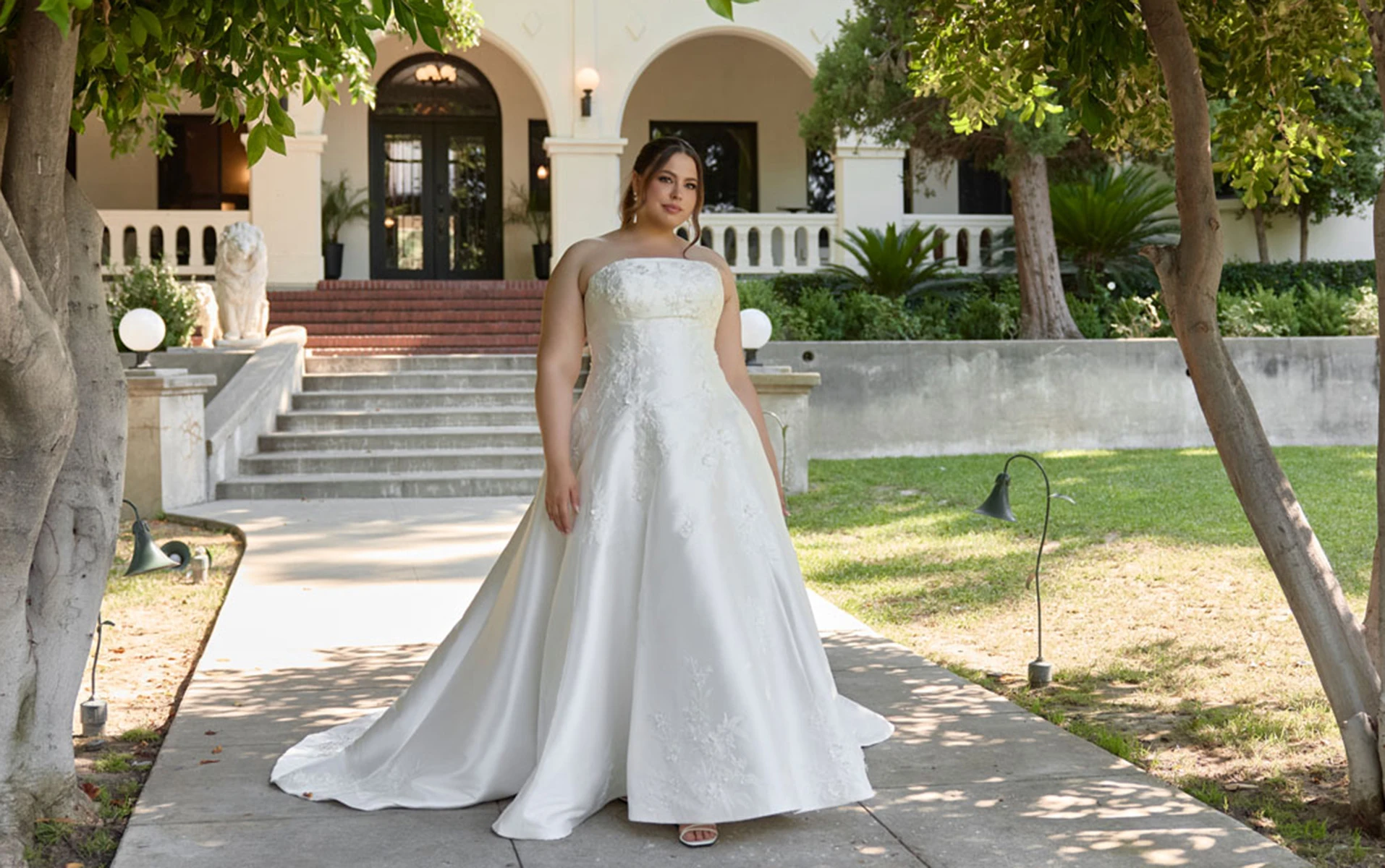 d4479+ Strapless Shell Mikado Plus Size A-Line Wedding Dress with Lace and Hip Volume by Essense of Australia