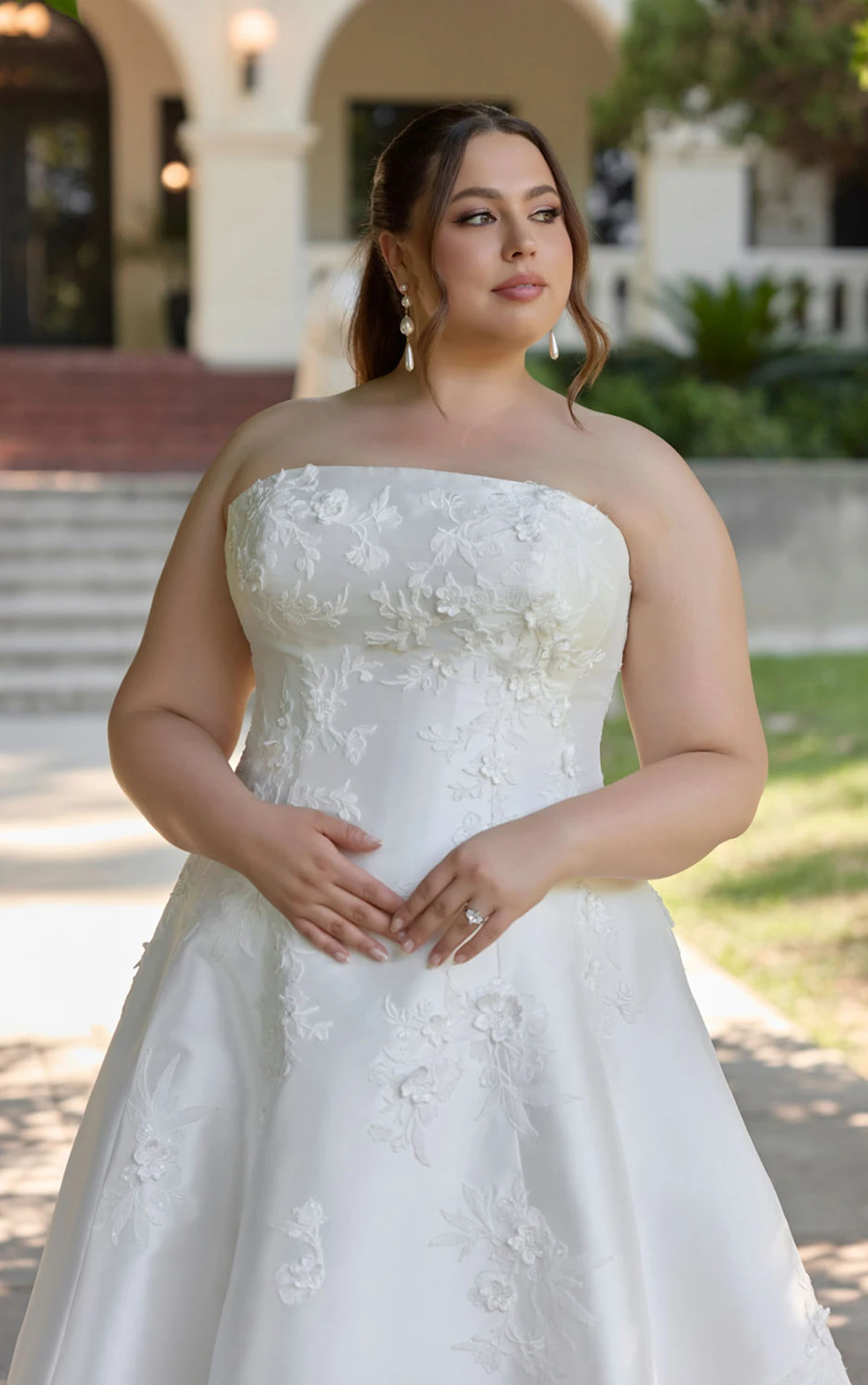 d4479+ Strapless Shell Mikado Plus Size A-Line Wedding Dress with Lace and Hip Volume by Essense of Australia