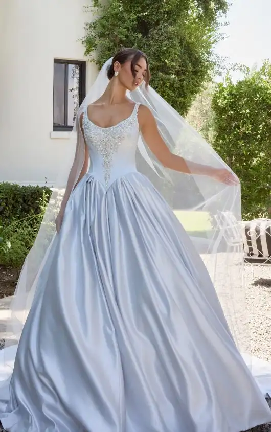 Satin Ballgown with Silver Embellished Bodice and Basque Waist, D4485, by Essense of Australia