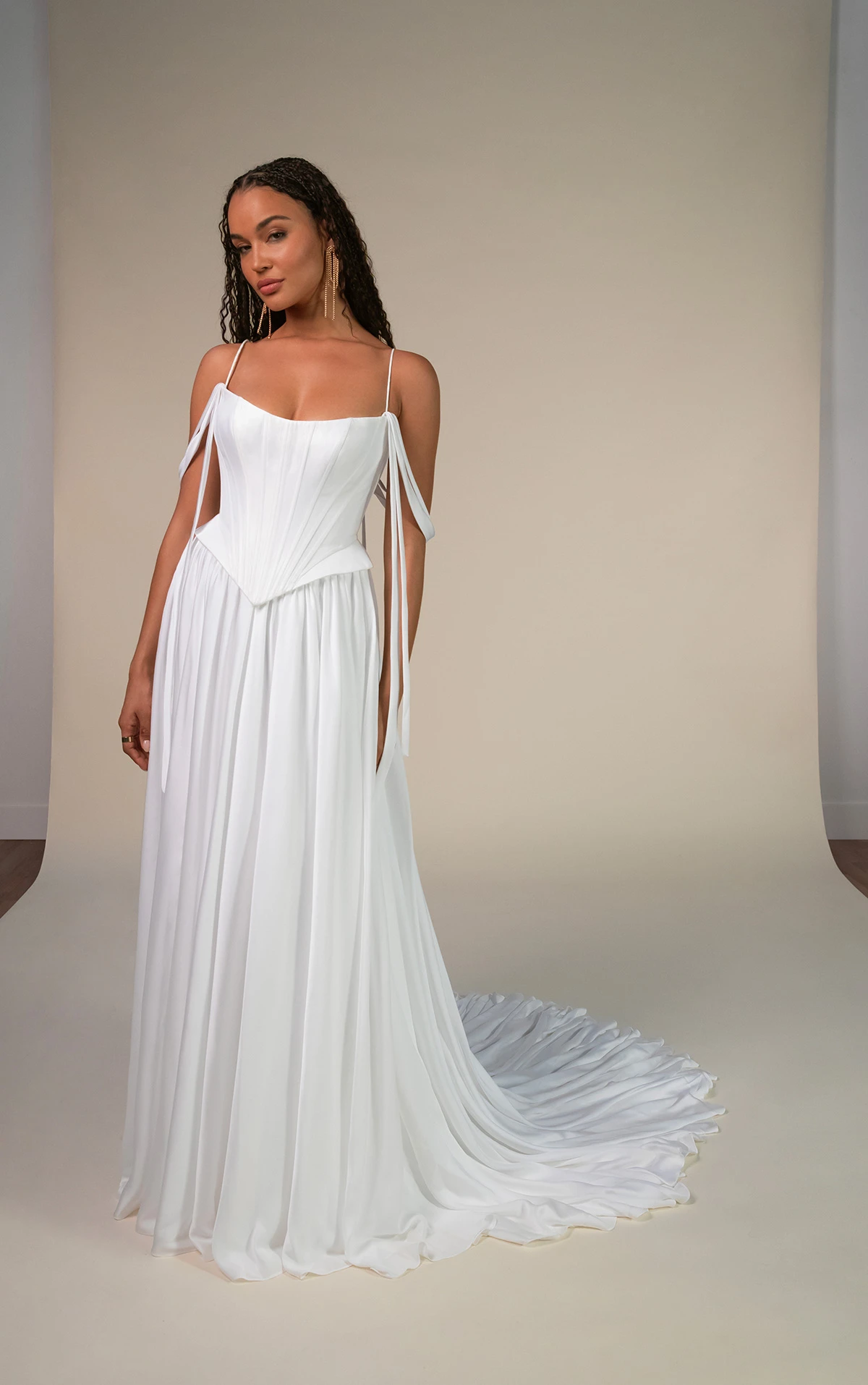 dilara Satin Chiffon Wedding Dress with Peplum Waist and Removable Draped Straps by All Who Wander